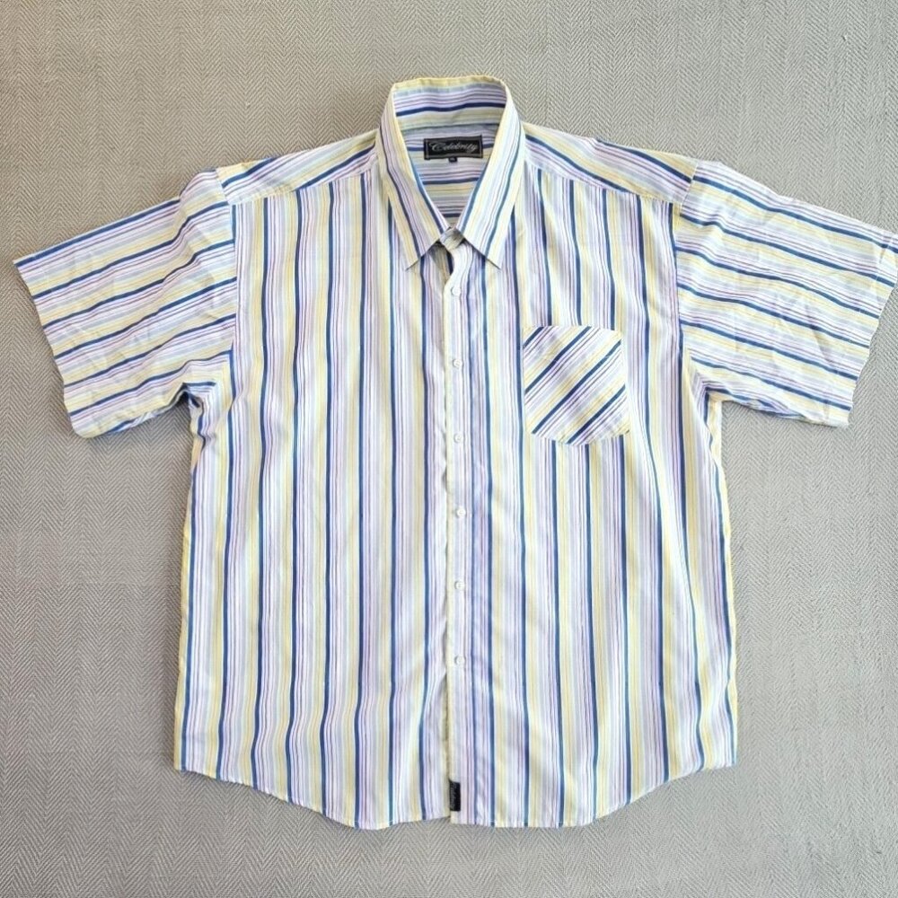 Celebrity Short Sleeve Shirt‎ Men's Size 3XL Blue Yellow White Stripe Pocket EUC